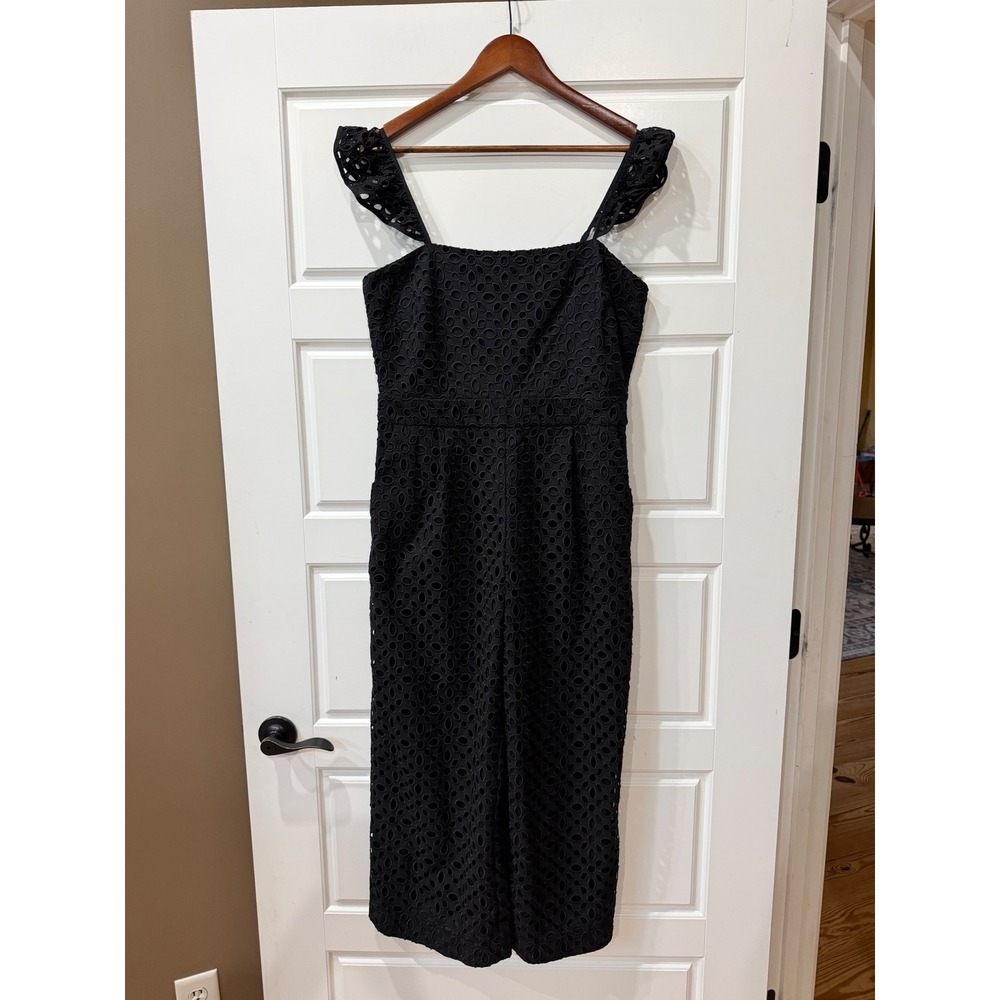 J. Crew Kasana Black Embroidered Eyelet Ruffle Strap Jumpsuit Size 8 Coastal - Picture 2 of 11